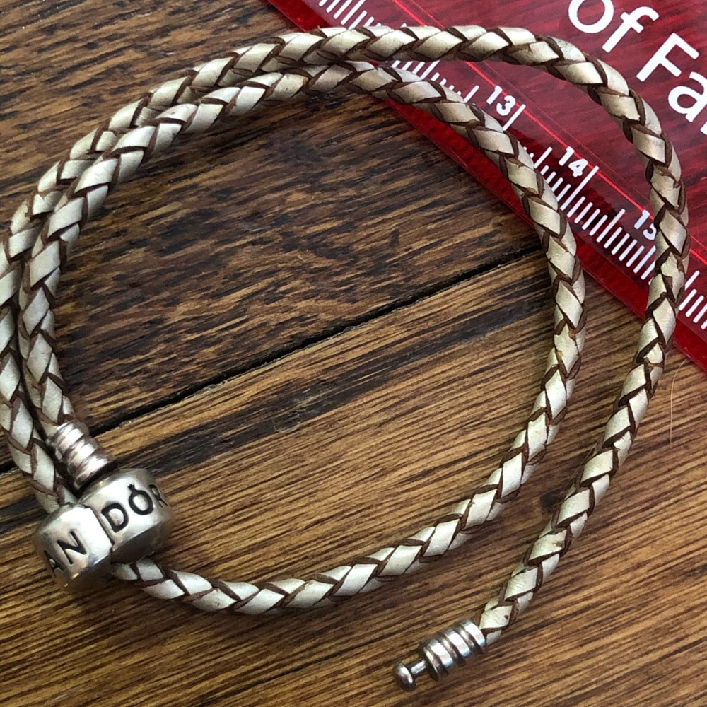 Beige tan Pandora bracelet used leather braided
